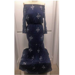 Elegant Midnight Blue Boho Formal Maxi Embroidered